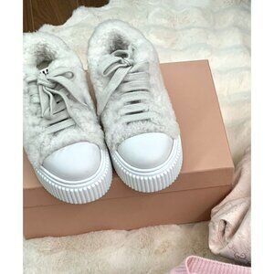 Womens Faux Fur Platform Sneakers With Lace-Up Closure & Rubber Sole